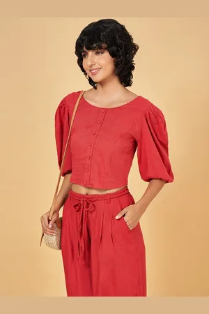 Pantaloons Puff Sleeves Smocking Crop Top