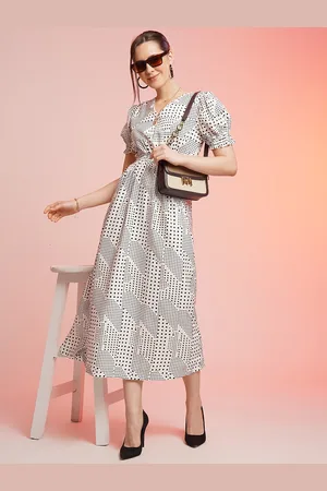 Kalini Geometric Printed V-Neck Gathered or Pleated Crepe A-Line Maxi Dress
