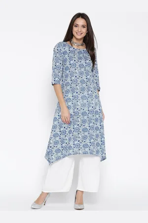 Sera Women White & Navy Blue Ethnic Motifs Printed A-Line Cotton Kurta