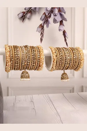 Leshya Set Of 26 Brass Plated Stones Studded & Beaded With Jhumki Bangles