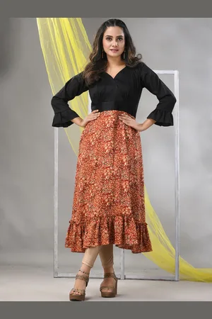 Charukriti Floral Printed Bell Sleeves Fit & Flare Midi Dress