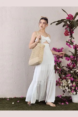 Berrylush White Self Design Ruffled Shoulder Straps Fit & Flare Maxi Dress