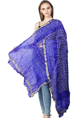 Exotic India Medium Blue Bandhani Tie-Dye Gharchola Silk Dupatta with Golden Thread Weave