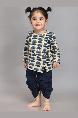 Biglilpeople Boys Floral Printed Angrakha Pure Cotton Straight Kurta With Dhoti Pants
