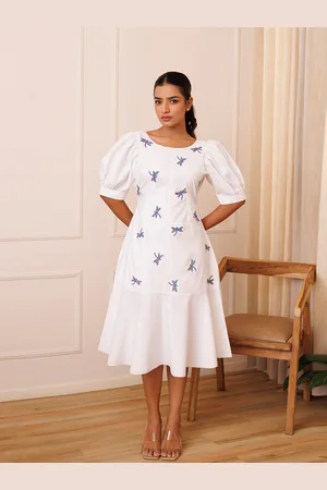 Ragavi Dragonfly Embroidered Puff Sleeve Cotton Fit & Flare Midi Dress
