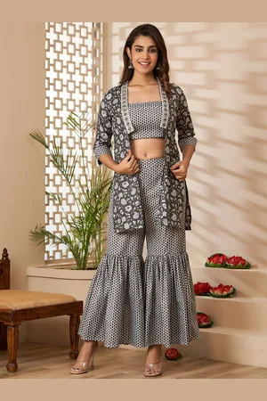 HERE&NOW Printed Shoulder Straps Neck Top & Flared Palazzo & Jacket Co-Ords