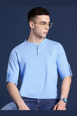 HANCOCK Men Henley Neck Roll-Up Sleeves Pure Cotton Bio Finish T-shirt
