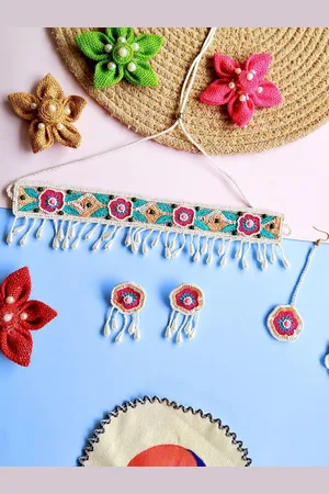 Sangria Gold-Plated Floral Beaded Tasseled Necklace And Earrings With Maang Tika
