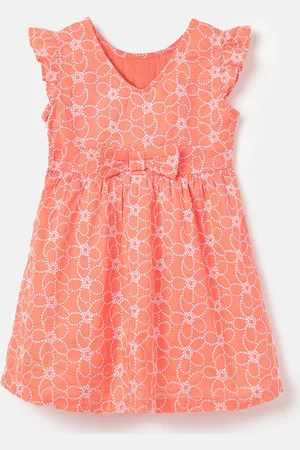 Benetton Girls Floral Embroidered Gathered Cotton A-Line Dress