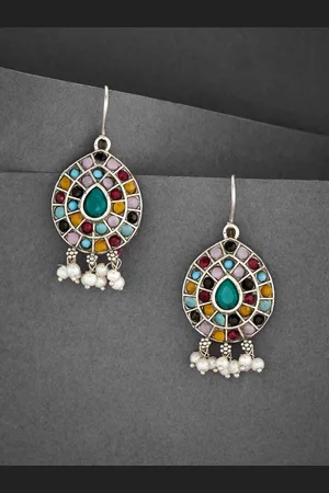 ATIBELLE Silver Plated Oxidised Stone Studded & Beaded Drop Earrings