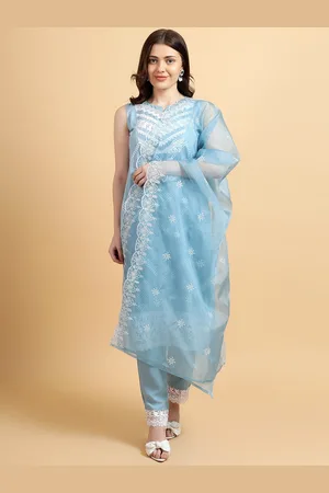 Bani Women Chevron Printed Embroidered Lace Inserts Kurta With Trousers & Dupatta