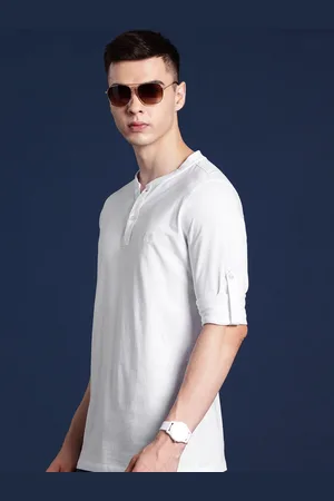 HANCOCK Men Henley Neck Roll-Up Sleeves Pure Cotton T-shirt