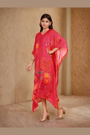 Soch Fuchsia Floral Printed V-Neck Kimono Sleeves Cotton Kaftan Maxi Ethnic Dress