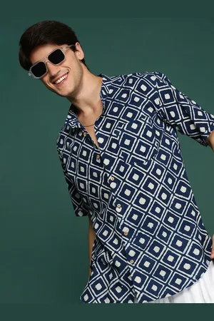 Sangria Blue Modern Fit Geometric Block Printed Pure Cotton Chinese Collar Shirt