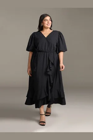 20Dresses Plus Size Black V-Neck Crepe A-Line Midi Dress