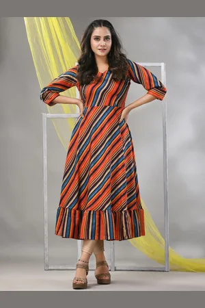 Charukriti Striped Ruffled A-Line Midi Dress