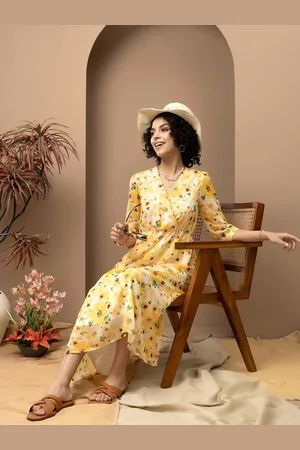 BEATNIK Floral Printed V-Neck Full Sleeves Georgette Midi A-line Dress