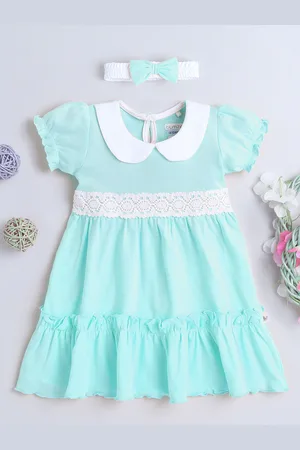 BUMZEE Infants Girls Peter Pan Collar Cotton A-Line Dress With Headband