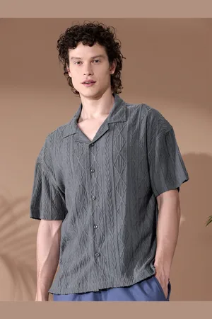 Beyoung Self Design Cuban Collar Drop Shoulder Sleeves Crochet Oversized Casual Shirt