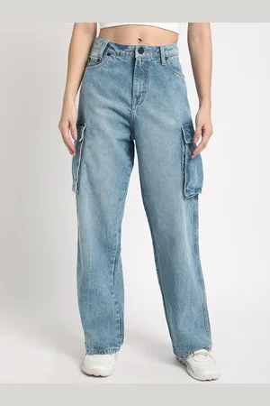 Bene Kleed Women Relaxed Fit High-Rise Clean Look Light Fade Pure Cotton Cargo Jeans
