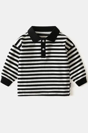 Stylecast Boys Black Striped Polo Collar Monochrome T-shirt