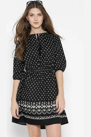 Sera Ethnic Motifs Print Tie-Up Neck Crepe Fit & Flare Dress