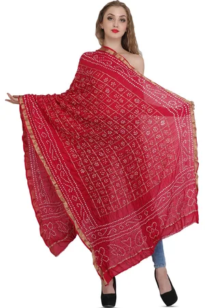Exotic India Persian Red Bandhani Tie-Dye Gharchola Silk Dupatta with Golden Thread Weave