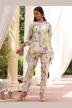 BEATNIK Abstract Printed Round Neck Layered Sleeves Tunic With Trouser