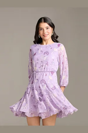 20Dresses Xxd eclectic boho Purple Floral Print Puff Sleeve Chiffon Fit & Flare Dress