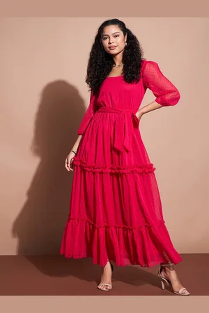 DressBerry Self Design Puff Sleeve Tiered Ruffled Maxi Dress