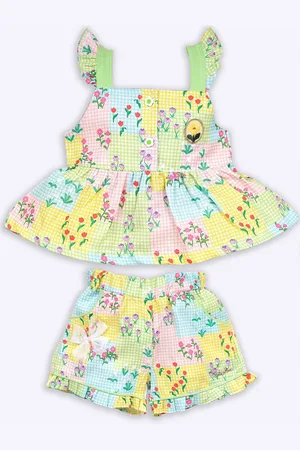 Babys Day Girls Shoulder Straps Printed Top with Shorts