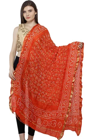 Exotic India Spicyorange Bandhani Tie-Dye Gharchola Silk Dupatta with Golden Thread Weave