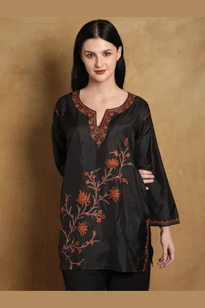 Exotic India Floral Embroidered Thread Work Pure Silk Thread Work Kurti