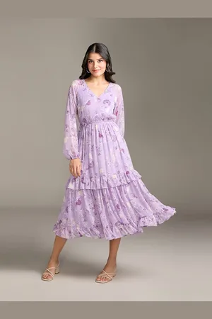 20Dresses Xxd eclectic boho Purple Floral Print Puff Sleeve Chiffon Empire Midi Dress