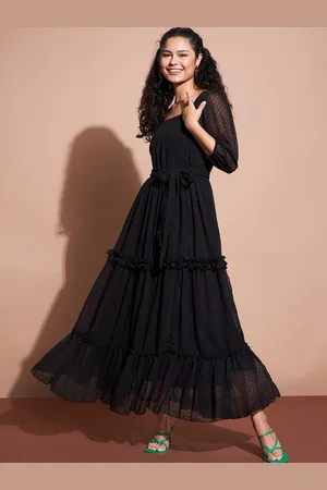 DressBerry Self Design Square Neck Ruffled Puff Sleeves Belted Maxi Fit & Flare Dress