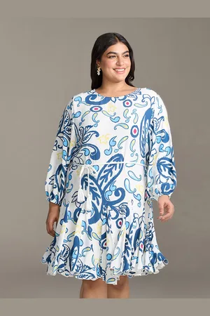 20Dresses Xxd eclectic boho Plus Size White Floral Print Puff Sleeves Crepe A-Line Dress