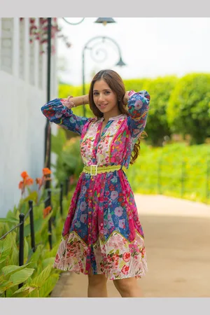 Ambraee Floral Print Mandarin Collar Puff Sleeves Belted Cotton Fit & Flare Dress