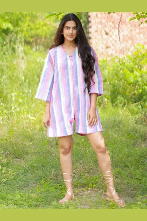 Ambraee Striped Tie-Up Neck Cotton Playsuit