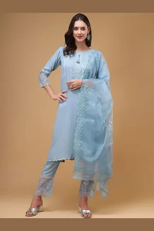 Bani Women Embroidered Sequined Thread Work Pleated Kurta With Trousers & Dupatta
