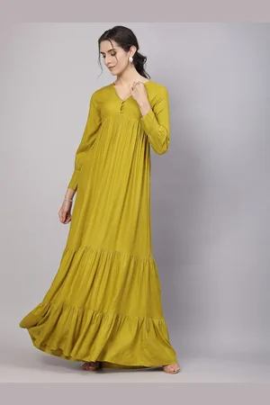 Aayu V-Neck Cuffed Sleeves Tiered Flared Maxi Dress