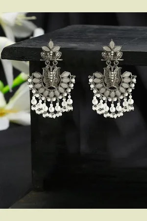 Adwitiya Collection Silver-Plated Stones Studded & Beads Beaded Classic Chandbalis