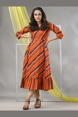 Charukriti Striped Ruffled A-Line Midi Dress