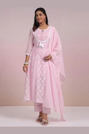SCAKHI Floral Embroidered Tie-Up Neck Mulmul Cotton Anarkali Kurta With Trousers & Dupatta