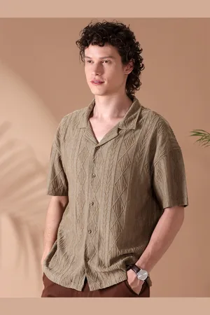 Beyoung Self Design Cuban Collar Drop Shoulder Sleeves Crochet Oversized Casual Shirt
