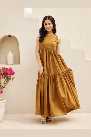 Ambraee Brown Sleeveless Tiered Cotton Maxi Dress