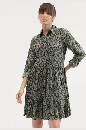 Benetton Floral Printed Cuffed Sleeves Gathered A-Line Dress