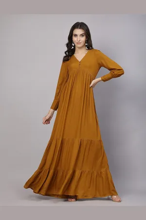 Aayu V-Neck Cuffed Sleeves Tiered Flared Maxi Dress
