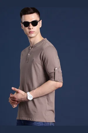 HANCOCK Men Henley Neck Roll-Up Sleeves Pure Cotton T-shirt