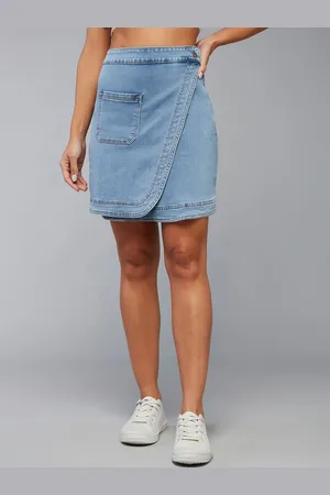 DOLCE CRUDO Shore Crabs Blue High Rise Stretchable Denim Wrap Skirt