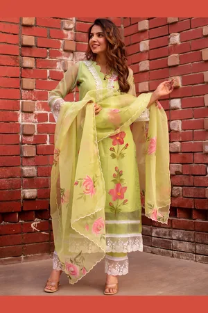 Calmna Floral Hand Painted Organza Straight Kurta with Trousers & With Dupatta